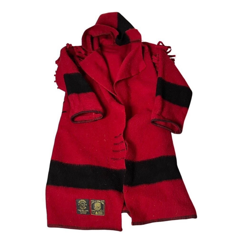 EARLYS WITNEY POINT Red Black Blanket Coat Capote Coat Hood Womens Size Large - Picture 4 of 11